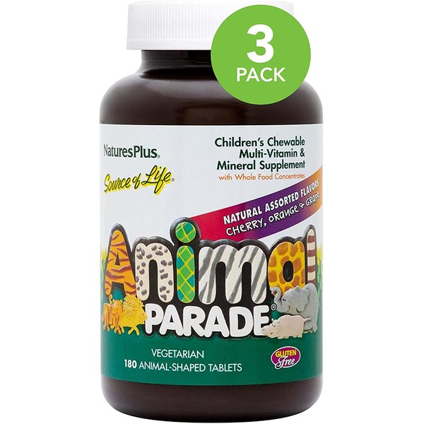 NaturesPlus Animal Parade Source of Life Children's Chewable Multivitamin - 180 Animal-Shaped Tablets, Pack of 3 - Natural Assorted Flavors - Vegan, Gluten Free - 270 Total Servings