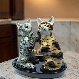 Ceramic Salt and Pepper Shaker Set with Cat Motif (Grey and Red)