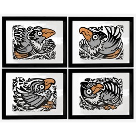 Minimalist Folk Wall Art Wall Decor 11x14 Matted Gray Birds Set by Dee Well, Set of 4 Unframed Animal Artwork Contemporary Abstract Art Prints Signed By Artist