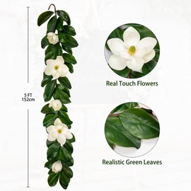 Arborus Artificial Magnolia Garland 5FT – Real Touch Flowers & Greenery Vine for Wedding Arch, Mantel, Table, Indoor Decor – Faux Magnolia Leaf Garland (White Flowers)