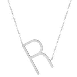 MAX + STONE 925 Sterling Silver Large Sideways Block Letter R Initial Pendant Necklace for Woman with 16 to 18 Inch Adjustable Chain and Spring Ring Clasp