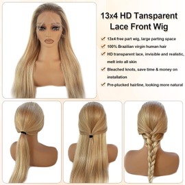 Balayage Highlight Lace Front Wig Human Hair for White Women 4T12/613 13x4 HD Lace Frontal Wigs Pre Plucked 180% Density Chocolate Brown to Bleach Blonde Highlights Brazilian Human Hair Wigs 18 Inch