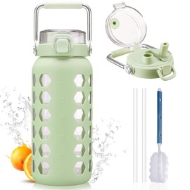 MUKOKO 64oz Glass Water Bottles with Straw and Lid,Half Gallon Water Bottle with Time Marker,Large Glass Water Jug with Silicone Sleeve and Stainless Steel Handle-Green