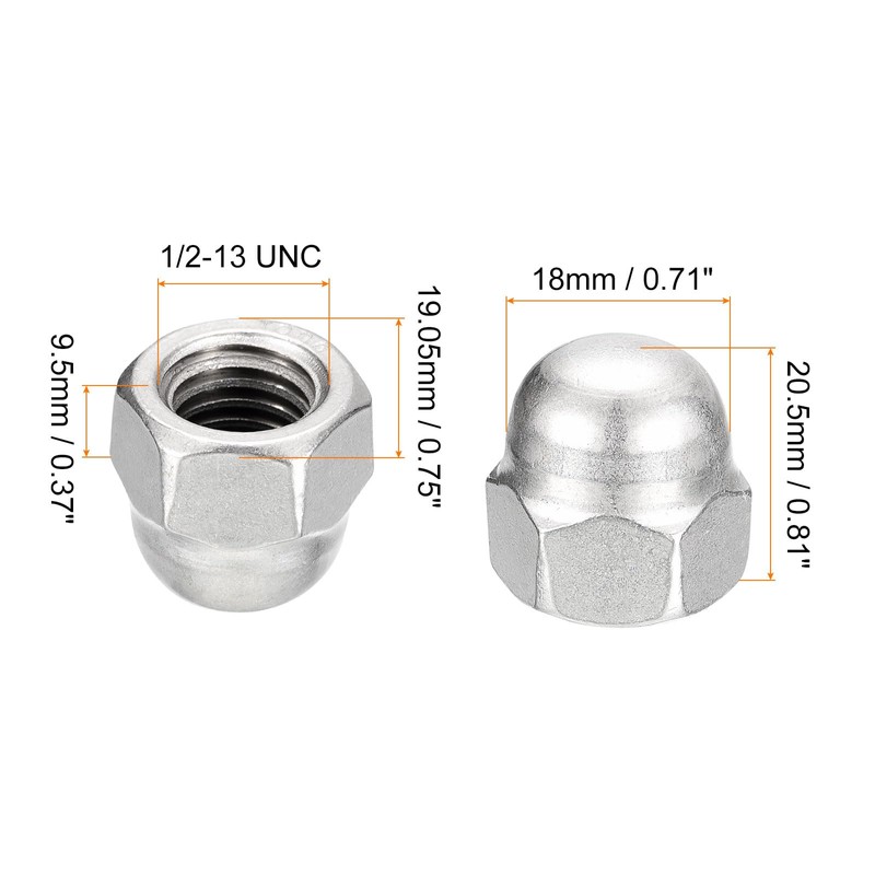uxcell 1/2-13 Acorn Cap Nuts,25pcs - 304 Stainless Steel Hardware