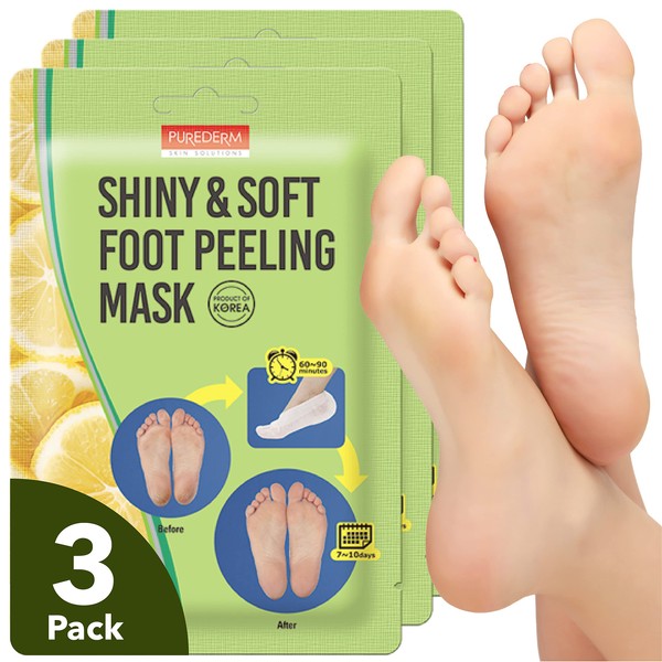 Foot Peeling Mask Set By Purederm - Exfoliating Foot Peel Spa Mask For Baby Soft Skin W/Sunflower Seed Oil & Lemon Extract - For Men & Women - Removes Dead Skin & Calluses In 2 Weeks, Pack of 3