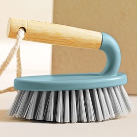 Salter LASAL71403C2EU7 Scrubbing Brush With Wooden Handle, Strong/Durable Stiff Bristles, Recycled Plastic, Scrub Floors, Grout, Bathroom/Kitchen Tile, Cool Hues Collection, FSC®-certified, Blue/Grey