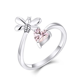 FJ Sterling Silver Women Bee Ring Open Animal Ring with Created Tourmaline (Adjustable Ring) (Size 8)