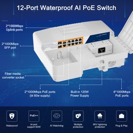 CONETCH 12 Port Gigabit Outdoor PoE Switch with 2 Uplink & 2 SFP | IP65 Waterproof | 120W Built-in Power | IEEE802.3af/at/bt | AI Watchdog | 6KV Lightning Protection | All-in-one Box | Plug & Play
