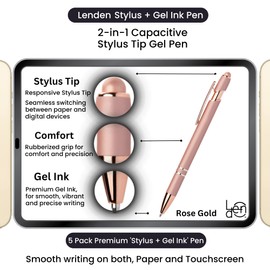 Lenden Pack of 5 Rubberized Comfort Soft Touch 2 in 1 Gel Ink Pen Capacitive Stylus Tip, Premium Metal Medium Point, Black Ink, Compatible with Most Touch Screens (Rose Gold)