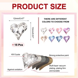MECCANIXITY 15 Pcs 3D Heart Transparent Nail Rhinestones 12x13mm K9 Glass Crystal Rhinestones Pointed Back Crooked Heart Gems for Nail Charm Art DIY Craft