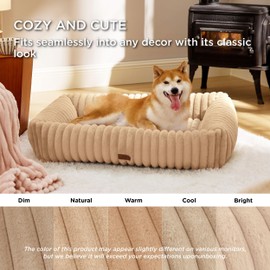 Bedsure Washable Dog Bed for Medium Dogs - Cute Furry Puppy Beds, Rectangle Orthopedic Corduroy Fleece Pet Beds with Removable Zipper Cover, 36x27x8inches, Sandy Tan
