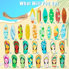Haooryx 31PCS Summer Surfboard Surfing Shape Wood Ornaments Flip Flop Slippers Beach Wooden Hanging Slices Tags Pendant with Ropes for Summer Hawaiian Luau Tropical Party Tree Home Decorations Supply