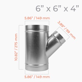 HVAC OV 45° Degree Ø6 x 6 x 4 Inch Wye-Shape Duct Splitter - Metal 3 Way Fitting Adapter - Galvanized Steel - Spiral Duct Hose Dryer Connector - for Home or Industrial HVAC Ventilation - Branch 4 Inch