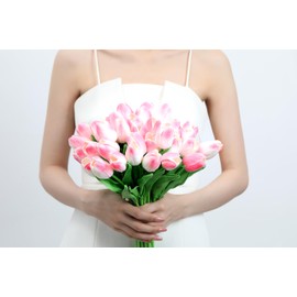 AWARDSEN 20pcs Light Pink Tulips Flowers Bulk 14" Real Touch Tulips Fake Silk Flower Tulips for Mother's Day Wedding Bouquet Easter Home Decorations