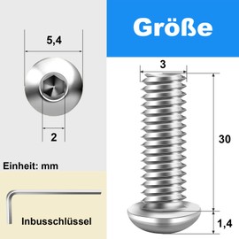 Zuyya Pack of 120 M3 x 30 mm pan head screws, hexagon socket flat head screws, M3 stainless steel screws, full thread round head screws with Allen key
