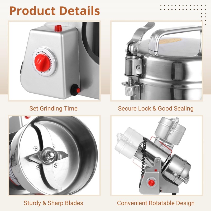 Grain Mill Grinder 800g, Electric Stainless Steel High-Speed Spice Herb