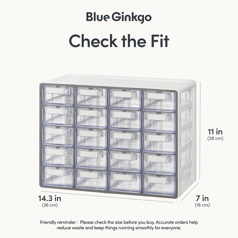 Blue Ginkgo Small 20-Drawer Cabinet – Stackable Clear Organizer for