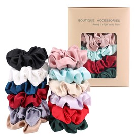 Pack of 12 Premium Satin Silk Scrunchies Hair Ties for All Hair Type Women Girls Ponytail Holder Elastic Hair Bands Scrunchy Accessories (Basic 12 Colors)