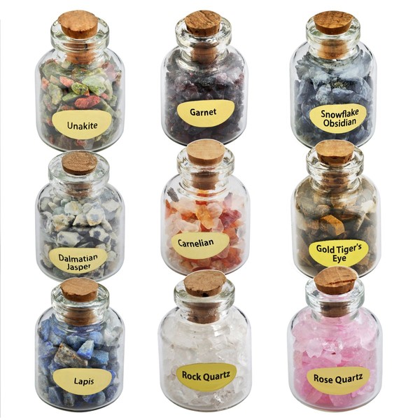 mookaitedecor 9 Pieces Healing Stone Small Wishes Bottles, Mini Glass Bottles with Tumbled Stone Crystal Chips for Healing Reiki Wicca, Box Kit