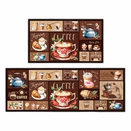 SHUNLCD Vintage Coffee Kitchen Decor Rug 2 Piece Set, Country Farmhouse Style Kitchen Floor Mat, Absorbent and Washable Runner Decorations Rug 17×30+17×47 Inches