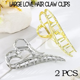 Bafuny Large Love Hair Claw Clips Heart Hairclips Gold Silver Claw Clips Metal Hair Clips for Women 2PCS