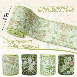 FYSUIMU Vintage Greenery Floral Wired Edge Ribbon Retro William Morris Ribbon Green Botanical Fabric Ribbon for Wreath Bow Making DIY Crafts Wrapping, 4 Rolls, 24 Yard