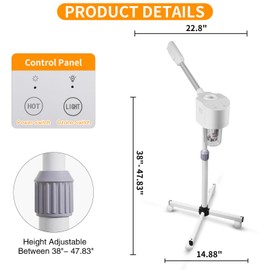 Professional Facial Steamer, Hot Mist Spray, Vaporizador Facial Steamer for Esthetician, Height Adjustable, SPA at Home, White