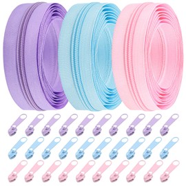 DOITEM 5 mm Zip 15 Metres Nylon Continuous Zip Set with Slider and Zipper for Skirts, Backpacks, Home Textiles (Light Purple, Light Pink, Light Blue)