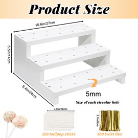KHayRovies Wood Cake Pop Stand, 3 Tier White 33 Holes Lollipop Display Holder with Twist Ties Lollipop Sticks, Cupcake Dessert Display Stand Riser for Table of Wedding Birthday Party Christmas Day (A)