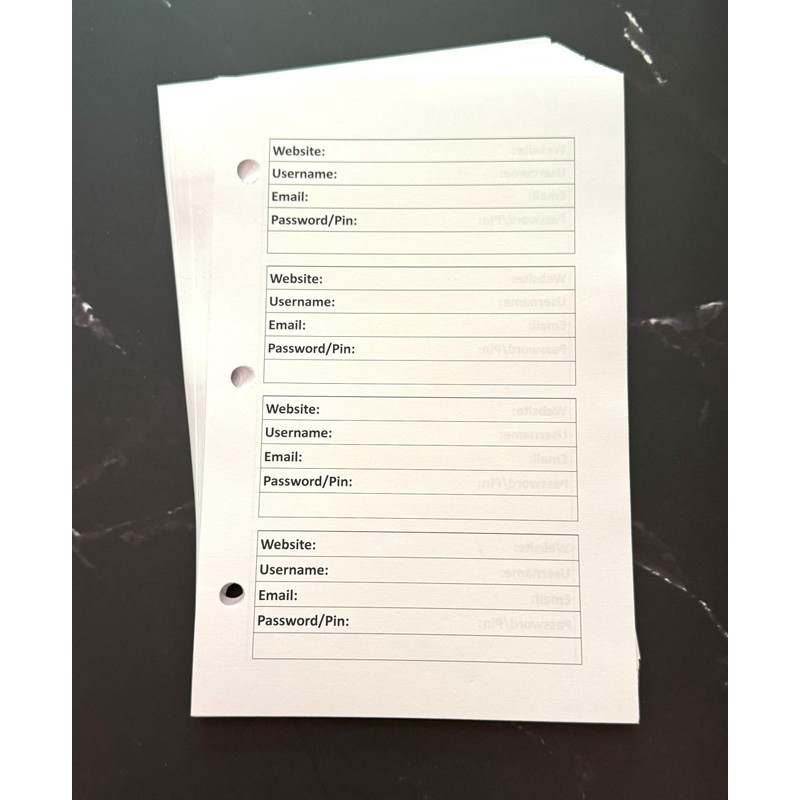 A5 Password Refill Pages for 3-Ring Binder 8.5 x 5.5-50