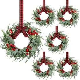 Anillos de Velas Navideñas de Frutos Rojos Artificiales Guirnalda de Agujas de Pino Nevadas Coronas de Anillos de Velas para Pilares Centro de Mesa Boda Rústico Decoración (6 Piezas)