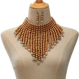 Wooden Beaded Seed Bib Necklace and Earrings Set for Women,Statement African Boho Layering Chunky Collar Choker Set