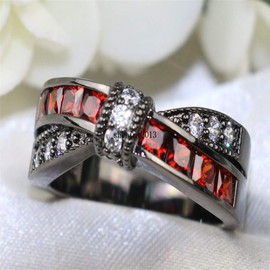 Wedding Ring Set His Hers Couples Matching Rings Women's Black Gold Filled Red Ruby CZ Wedding Engagement Ring Bridal Sets & Men's Stainless Steel Wedding Band