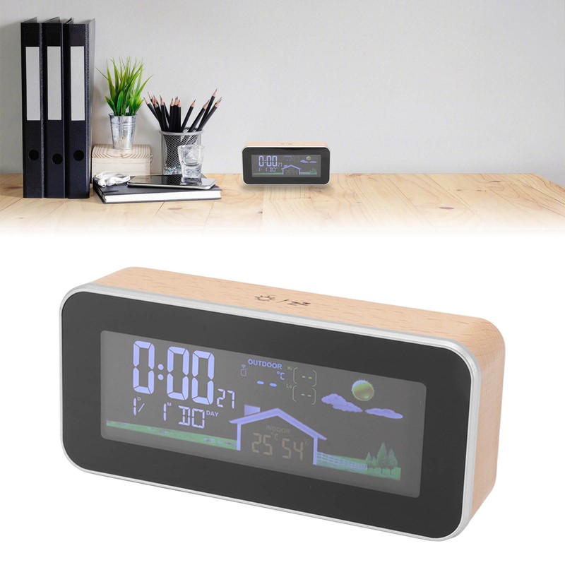 Digital Projection Alarm Clock VA HD Color Screen Wooden Weather