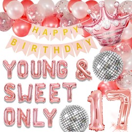 LaVenty Young and Sweet Only 17 Birthday Decoration Young and Sweet Only 17 Banner Dancing Queen 17 Decoration Disco Balloons Rose Gold Birthday Banner Crown Queen Balloons