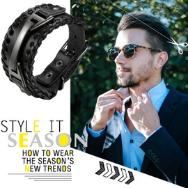 Cupimatch Men Black Adjustable Wide Leather Bracelet, Alloy Punk Braided Belt Cuff Bangle Wristband 7.8 inch