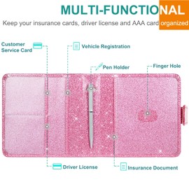 YAVIV Car Registration and Insurance Holder, Folio Leather Vehicle Card Document Glove Box Organizer, Auto Truck Compartment Accessories for Essential Information, Driver License Cards, Men&Women,PinkGlitter