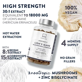 Lions Mane Supplement-18,000mg (30:1 Extract)+Zinc, Reishi & Cordyceps-3 Mushrooms Herbal supplements -Nootropic Complex Lion's Mane Mushroom Supplement-120 Lion's Mane Capsules(Not Lions Mane Powder)