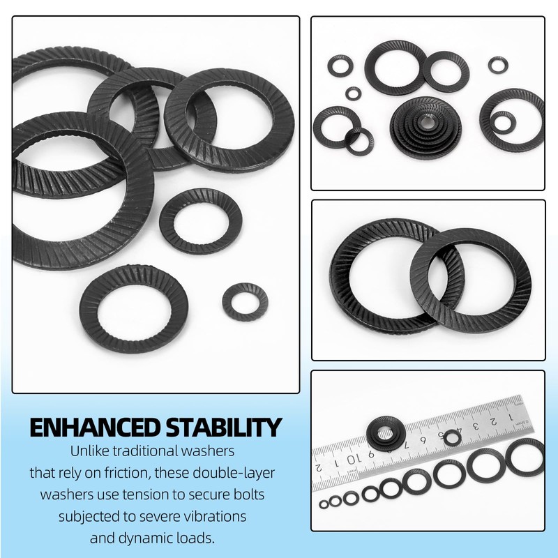 Glarks 160pcs M3/4/5/6/8/10/12/14/16 Double Side Lock Washer, 65Mn Steel Vibration