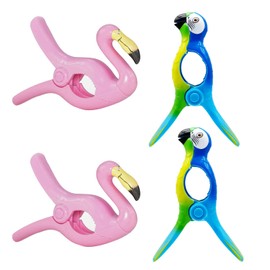 Paifeancodill 4 Pcs Beach Towel Clips, Parrot & Flamingo Towel Clips for Beach Chairs Plastic Lounge Chair Towel Clips, Beach Chair Clips, Pool Clips for Lounger, Lounge Chair (Flamingo + Parrot)