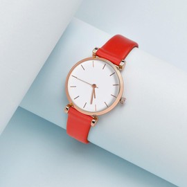 WOCCI 14mm Lug Width, Elegant Watch Band, Genuine Leather Replacement Strap with Rose Gold Buckle (Red)