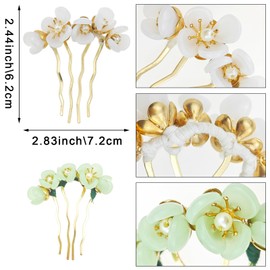 2 PACK Hair Fork Clip, Jade Flower Hairpins, Green and White Hair Fork Clip, Vintage Flower Hair Stick, Side Hair Comb 4 Prong Hair Bun Hairpin Sticks Hair Pins Hair Accessories