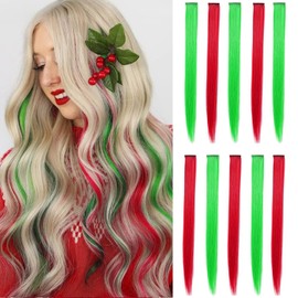 LADYAMZ Christmas Colored Hair Extensions 10 PCS, Colorful Party Highlights Clip in Synthetic Hairpieces, Red and Green Hair Extensions Accessories for Girls Women Xmas Party New Year Gift 22 Inch