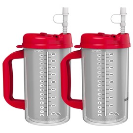 Mugs N Coffee 2-Pack 32 oz Travel Mugs – Red Hospital Mugs for Cold Drinks – Double Wall Insulated, Large Handle – BPA-Free, Leak-Resistant – Includes Lids and Straws – Made in USA