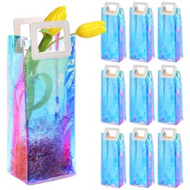 Frcctre 10 Pack Holographic Gift Bags with Handle, 13" H x 5.5" L x 3.75" W Reusable Clear PVC Gift Wrap Bags Wine Gift Bags for Birthday Christmas Weddings Housewarming Bachelorette Party