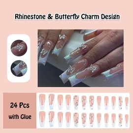 ANDGING French Tip Press on Nails Square Long White Fake Nails with Rhinestone Butterfly Charm Design Glue on Nails for Women Girls Acrylic Square False Nails with Glue Gel Stick on Nails for Wedding