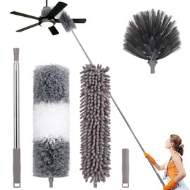 Ceiling Fan Duster with Extension Pole, Cobweb Duster & Ceiling Duster Kit for Cleaning, 100" Microfiber Feather Duster Cleaner, Reusable Duster, Bendable, Washable