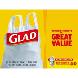 Glad Tall Kitchen Handle-Tie Trash Bags - 13 Gallon White, 50 Count