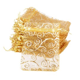 BUONDAC XA710000 100pcs Organza Drawstring Pouches Jewellery Favour Gift Bags for Wedding Christmas Festival Gift Party (Golden Patterned White)