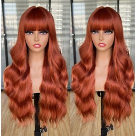 CoCrowns Wig with Bangs Long Wavy Wigs for Women Long Curly Synthetic Wig for Party Daily Use (Ginger)